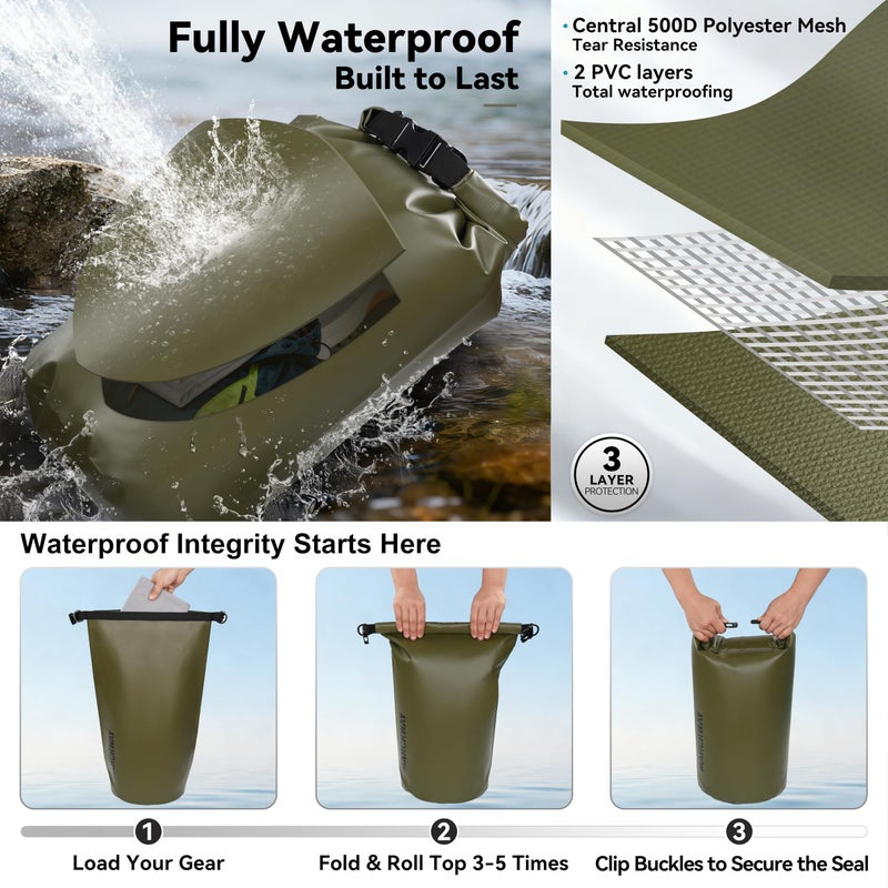 MARCHWAY Floating Waterproof Dry Bag Backpack 5L/10L/20L/30L/40L, Roll Top Sack Keeps Gear Dry for Kayaking, Rafting, Boating, Swimming, Camping, Hiking, Beach, Fishing (Army Green, 10L) - Image 3
